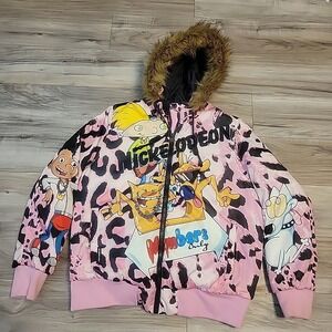 Members Only Nickelodeon Rug Rats Cat Dog Arnold Rocko Fur Pink Puffer Jacket  L